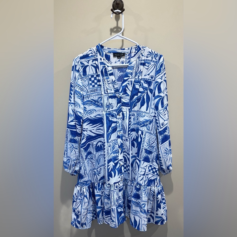 Rachel Zoe Blue and White Patterned Flowy Beachy Dress size S
